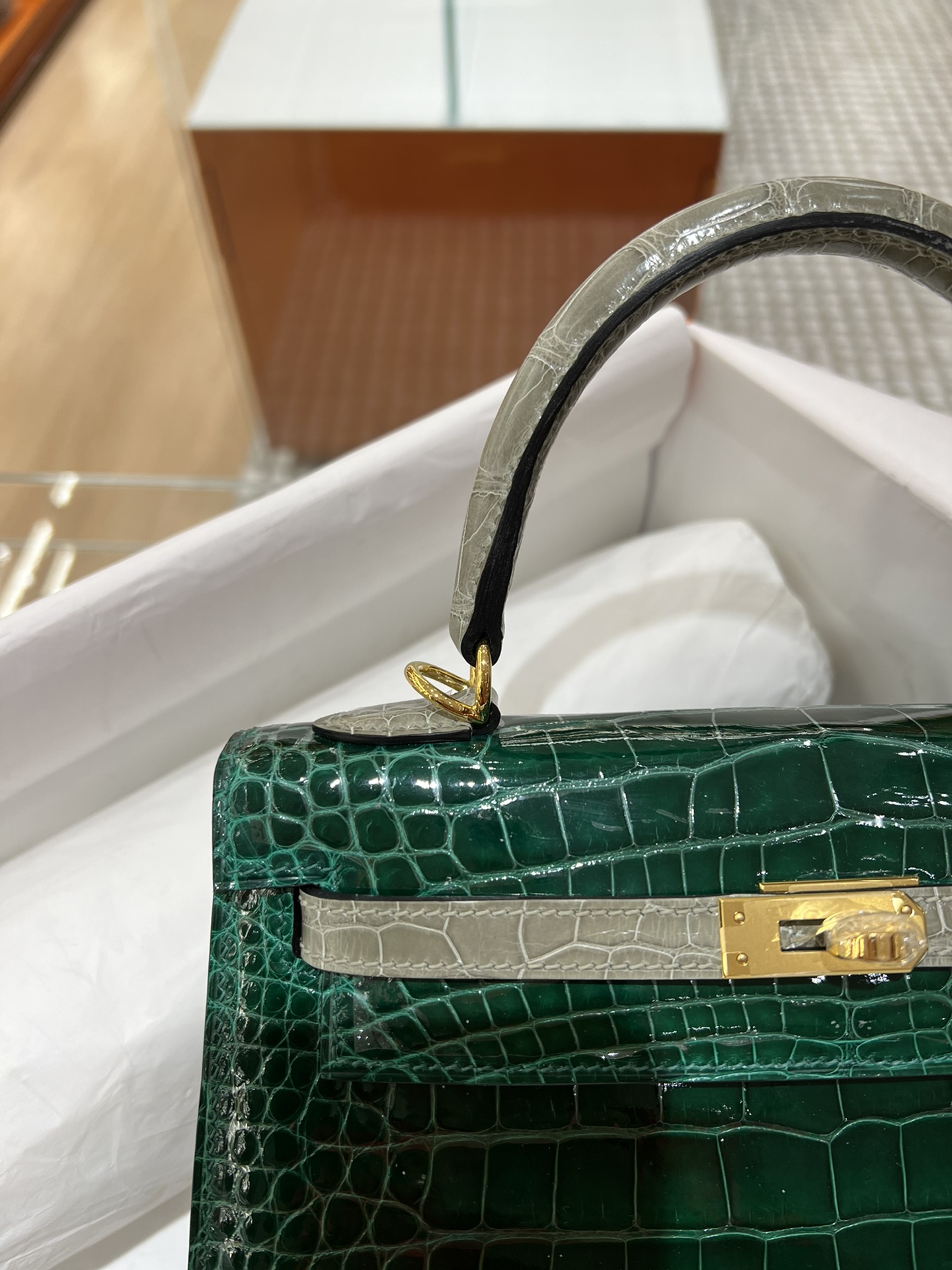 Hermes Kelly 25cm Handbag Shoulder Bag In Vert Emeraude Grey Shiny Crocodile Niloticus Leather